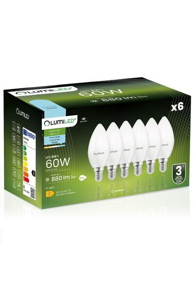 Lumiled 6x Bec LED E14 tip lumânare B35 8W = 60W 880lm 6500K Rece 180 °