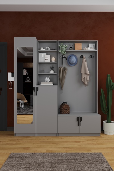 asratrend Lüks Aynalı Portmanto Askılı Vestiyer %100 MDF Çok Raflı Ayakkabılı...