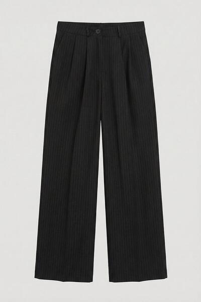 Clothes Fast Women's Black Striped Wide Leg Straight Cut Pleated Belted Long ...
