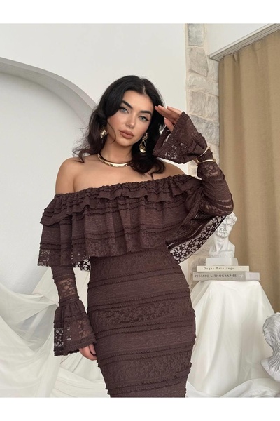 Moda Days Women's Coffee Strapless Long Sleeve Flounced Lace Midi Bodycon Dress
