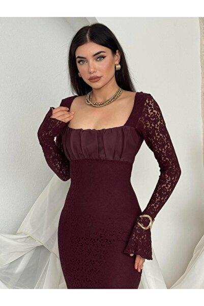 Clothes Fast Γυναικείο μίντι φόρεμα σε χρώμα δαμασκηνί, με τετράγωνο γιακά, μ...