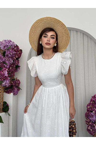 Clothes Fast Γυναικείο λευκό μίντι φόρεμα με κεντημένα βολάν, μανίκια με βολά...