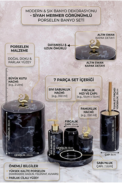 RİVO HOME DECOR Black Marble Look Porcelain Bathroom Set 7 Pieces - Cotton Ho...