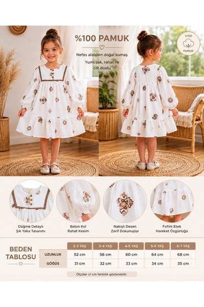 Uğur bebe Girl's Ecru Color Lined 100% Cotton Muslin Dress with Embroidered B...