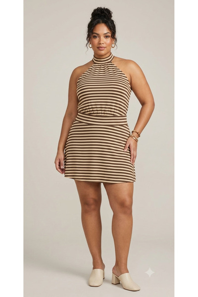 BLOUSE Halter Yaka Çizgili Büyük Beden Mini Elbise