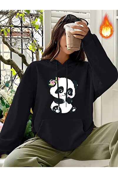 JENOLAN Women's Cute Panda Printed Black Gray Hooded Kangaroo Pocket Unisex O...