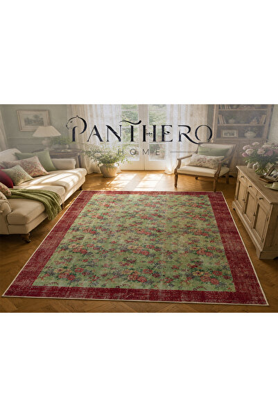 Panthero Home Vintage Çiçek Desenli Kaymaz Taban Süngerli Yıkanabilir Halı