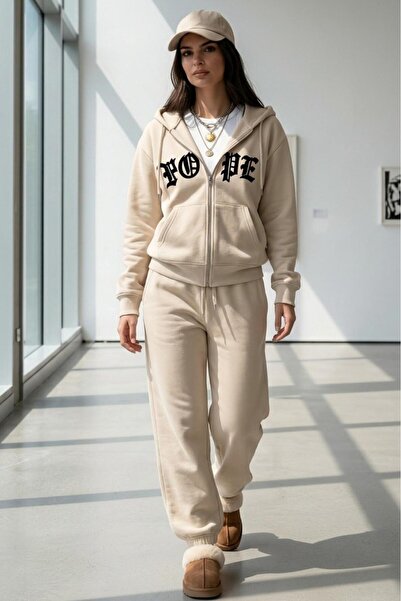 NO 601 Women's Beige Hooded Cardigan Jacket Sweatpants Hope Written Set