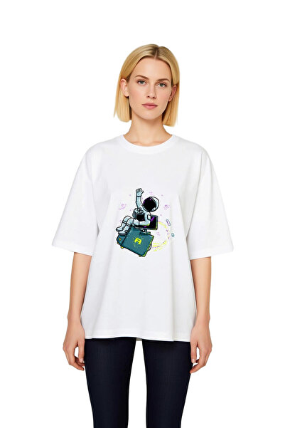 PayBuy Women's Oversize T-Shirt 100% Cotton Astronaut Printed Space Themed Di...