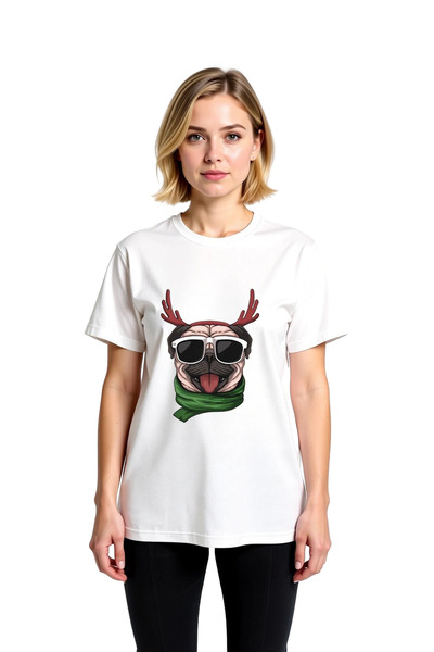 PayBuy Women's Graphic Printed Glasses Wearing Pug Horned Reindeer Scarf Rela...