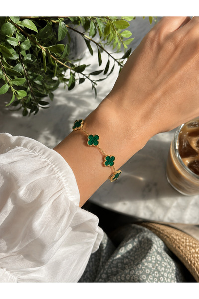 ATALYA ACCESSORY Big Clover Model Green Enamel Steel Women's Bracelet