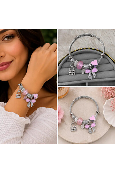 Bozhi Pink Heart and Bow Accessory Detailed Silver Color Women's Bracelet Ste...