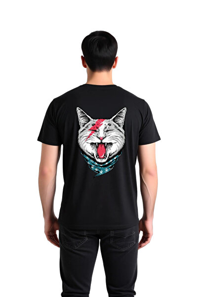 PayBuy Men's Printed T-Shirt Cat Motif Lightning Bolt Bandana Detail Rock Sty...