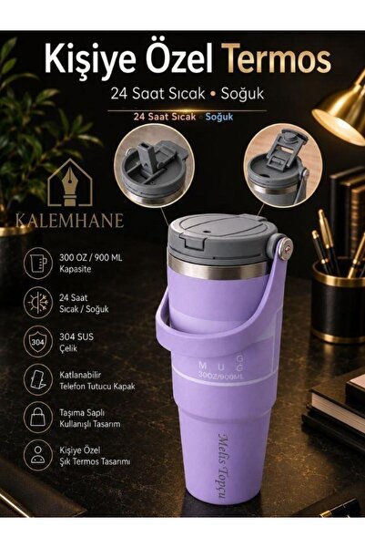 kalemhane Kişiye Özel Termos – 900 ML 24 Saate Kadar Sıcak ve Soğuk Tutma (LİLA)