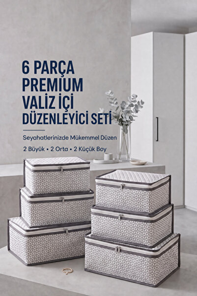 EVSELLA 6 Parça Beyaz Çizgili Valiz İçi Düzenleyici Set Bavul İçi Organizer S...