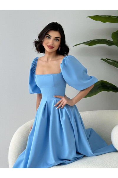 Moda Days Women's Baby Blue Midi Dress Square Neck Balloon Sleeves Pleated A-...