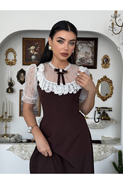 Moda Days Women's Coffee Midi Dress Lace Collar Ruffle Detailed Balloon Sleev...
