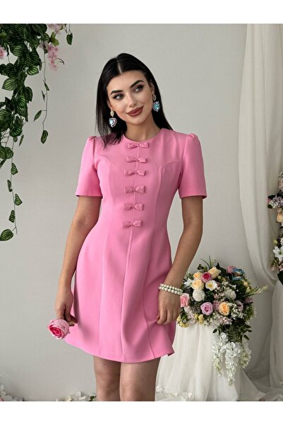Clothes Fast Women's Pink Mini Dress with Bow Detail, Short Sleeves, Crew Nec...