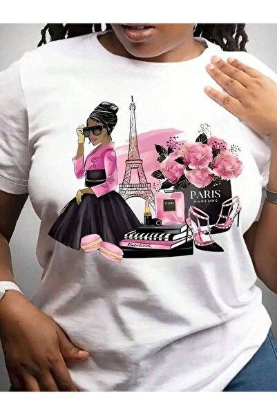 k222 قميص كاجوال مطبوع عليه Girl In Paris، قميص برقبة دائرية وأكمام قصيرة للر...