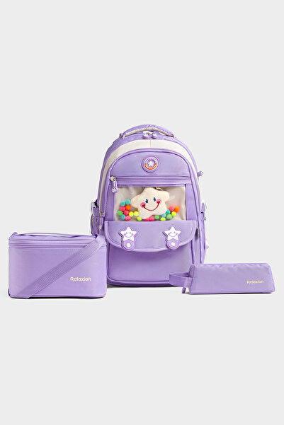 By Hakan 1940 Triple Set Primary School Bag with Pen Holder and Lunch Bag Lila