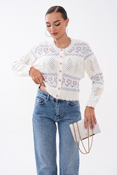 ŞİMAL Women's Patterned Openwork Button Closure Knitted Cardigan 265151 -