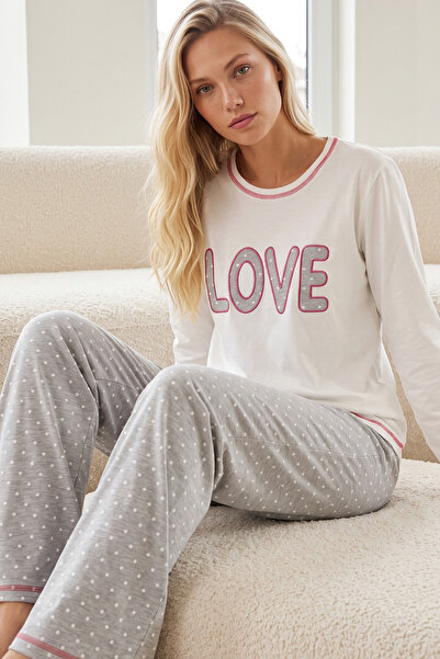 Siyah İnci White Patterned Embroidered Cotton Lycra Knitted Pajama Set26240363