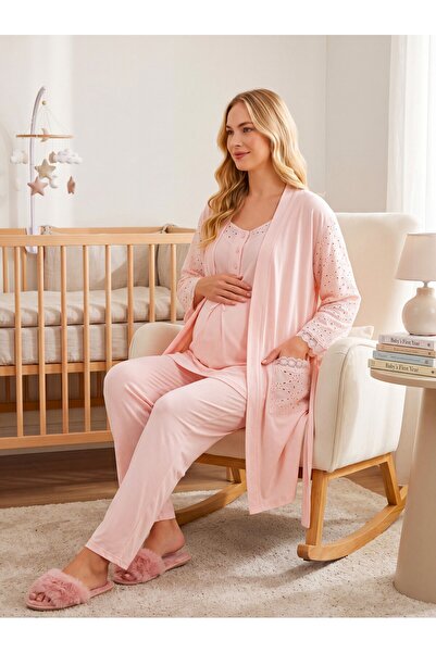 Lohussa New Season Powder Scallop Linen Detailed 100% Cotton Breastfeeding Fr...