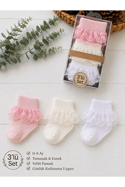 Panfilia 100% Cotton 0-9 Months Baby Lace Socks Set of 3 Baby Girl Boxed Socks