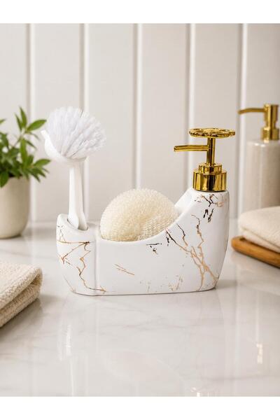 ALBETTO 300 ml White Marble Patterned Porcelain Liquid Soap Dispenser and Spo...