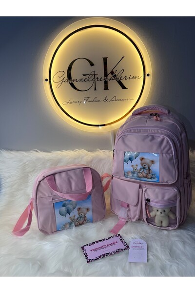BEYAZIT ÇANTA Children's School Bag Set of 2 with Cute Figures and Teddy Bear...