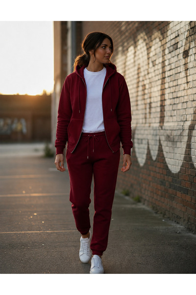 BayBayan Women's 3-Yarn Zippered Hooded Sweatshirt Cardigan Track Suit Set