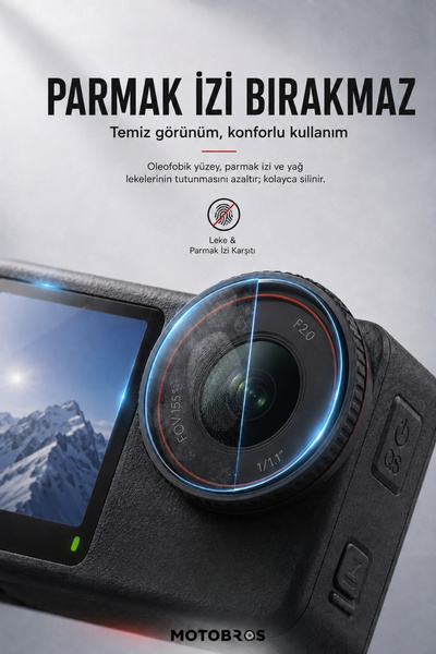 Motobros DJI Osmo Action 3 / 4 / 5 Pro Uyumlu 3’lü Temperli Cam Koruma Seti L...
