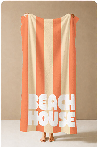 Evmila Retro Beach House Written Orange Striped Patterned 70X150 Beach Towel ...