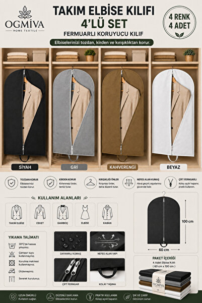 OgMiva 4'lü Takım Elbise Kılıfı 60x100 cm Fermuarlı Gamboç Elbise Saklama Kıl...