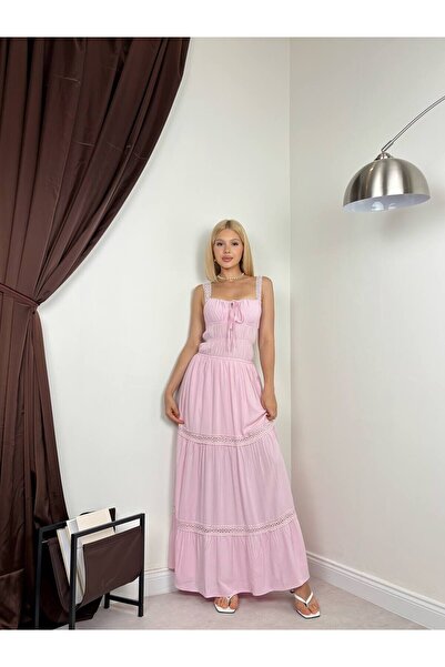 Moda Days Women's Pink Maxi Dress with Square Collar, Gipeli Straps, Ruched L...