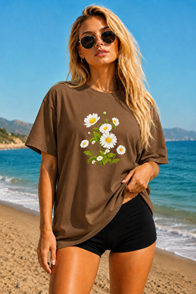 FECCY Premium Demet Papatya Printed Oversize Women's T-Shirt Men's T-Shirt Co...