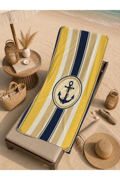 Evmila Sailor Yellow Navy Blue Striped Anchor Patterned 70X150 Beach Towel - ...
