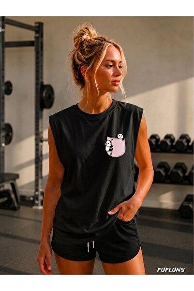 FUFLUNS Cep Panda Printed Women's Regular Fit Crew Neck Sports Sleeveless T-S...