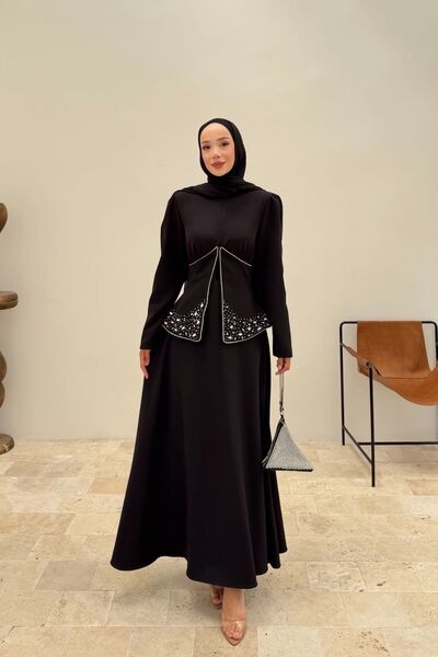 fushya design Beli Parça Detaylı İnci Taş İşlemeli Elbise