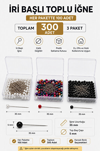 Kardelux Large Head Bulk Needles 300 Pieces Wedding Engagement Henna Scarf Writing Jewelry Needles (3X100 Pieces) – 35 mm Colorful, White and Black Headed