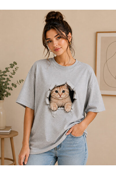 ENB1R MODA Sevimli Kedi Baskılı 3D Yırtık Efekt Yarım Oversize Bisiklet Yaka ...