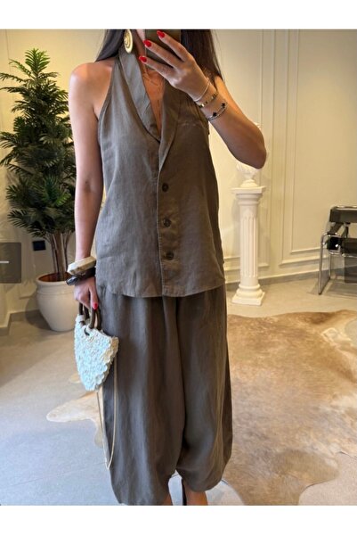 D&K Pick Up Halter yaka bluz jogger pantolon naturel takım kahve