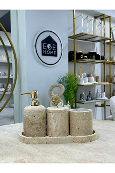 ege gross Decorative Travertine Natural 4-Piece Bathroom Set with Gold Details