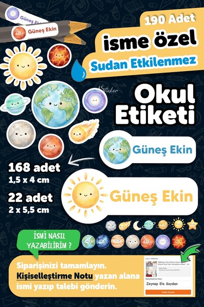 MSticker 190 Adet Kişiye Özel Okul Etiketi İsimli Kalem Defter Suluk Etiket D...