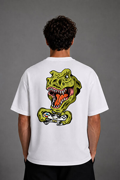 VSRN Tricou oversize alb cu imprimeu pe spate cu design Gamer Dinosaur