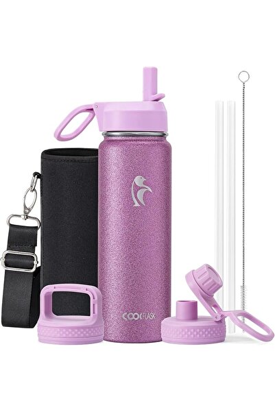 Coolflask زجاجة ماء معزولة سعة 1.9 لتر من الفولاذ المقاوم للصدأ مع قش و3 أغطي...