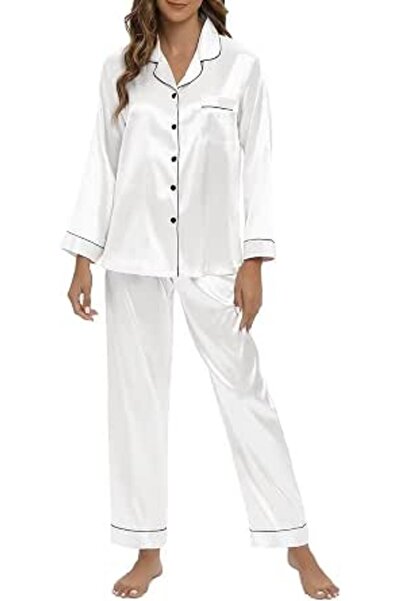 GENERAL Women's Silk Satin Pajamas Set Long Sleeve Sleepwear Soft Pjs Set Two...