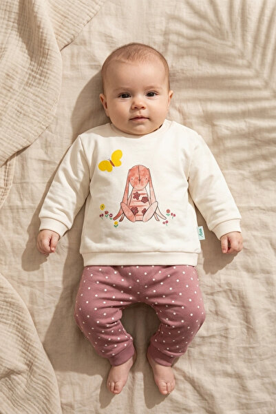 Babydonat طقم أطفال مكون من قطعتين: سويت شيرت كريمي منقوش على شكل أرنب من أور...