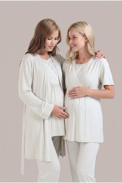 LOHOUSE Women's Green Ribbed Double-Breasted Collar Maternity Pajama Set with...