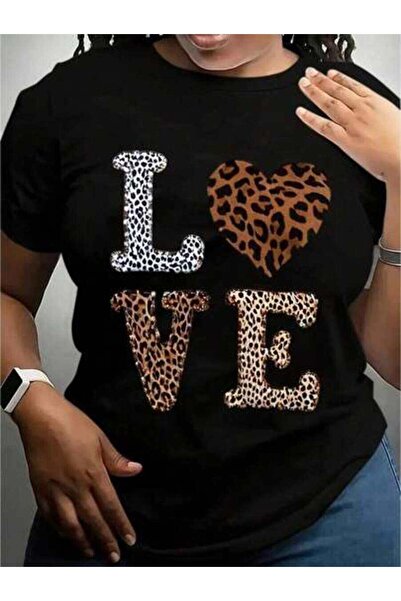 k222 Women's Leopard Print LOVE Graphic TShirt Chic Casual Short Sleeve Round...